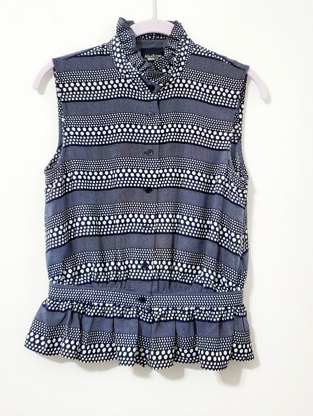 Alice Ritter Brooklyn Navy Ehite Polka Dot Sleeveless Blouse Ruffle Collar Small